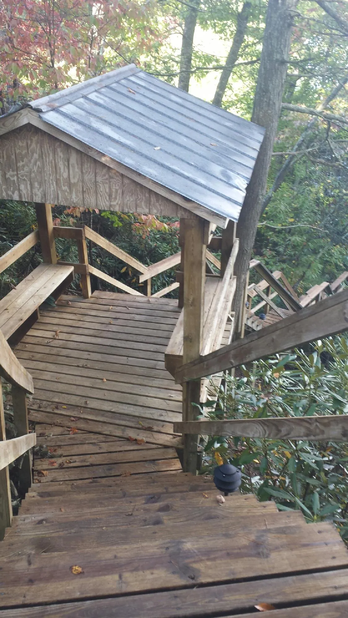 Metal roofed shelter over wooden steps on a wooded walkway — Skylight Repair & Installation work by our crew in Walsh